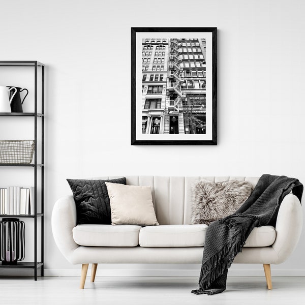 Industrial Strength: Black and White Zigzag Fire Escape Staircase in a Brick Building Printable Photo, wall art for home office, loft studio