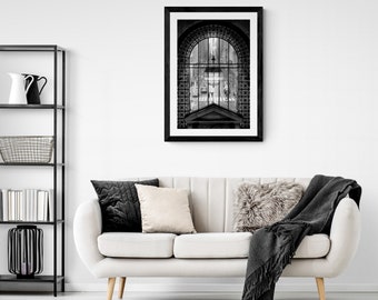 Rainy Day in City: Black and White Arched Window with Chandelier and Wrought Iron Bars Photo Printable Download, wall art home office loft