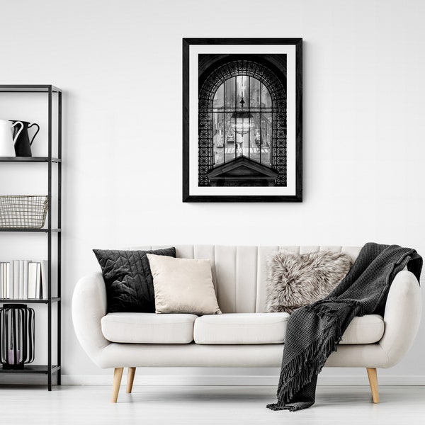 Rainy Day in City: Black and White Arched Window with Chandelier and Wrought Iron Bars Photo Printable Download, wall art home office loft