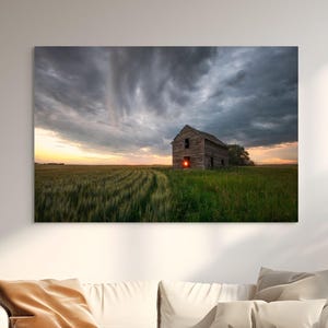 Alberta Barn Landscape Canvas Print, Rustic Prairie Barn with Stormy Sunset Sky Wall Art, Home Decor, Ready to Hang Canvas Wall Art