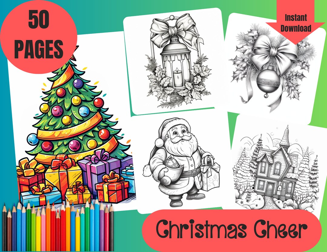 50 Christmas Cheer Coloring Pages, Coloring Book, for All Ages