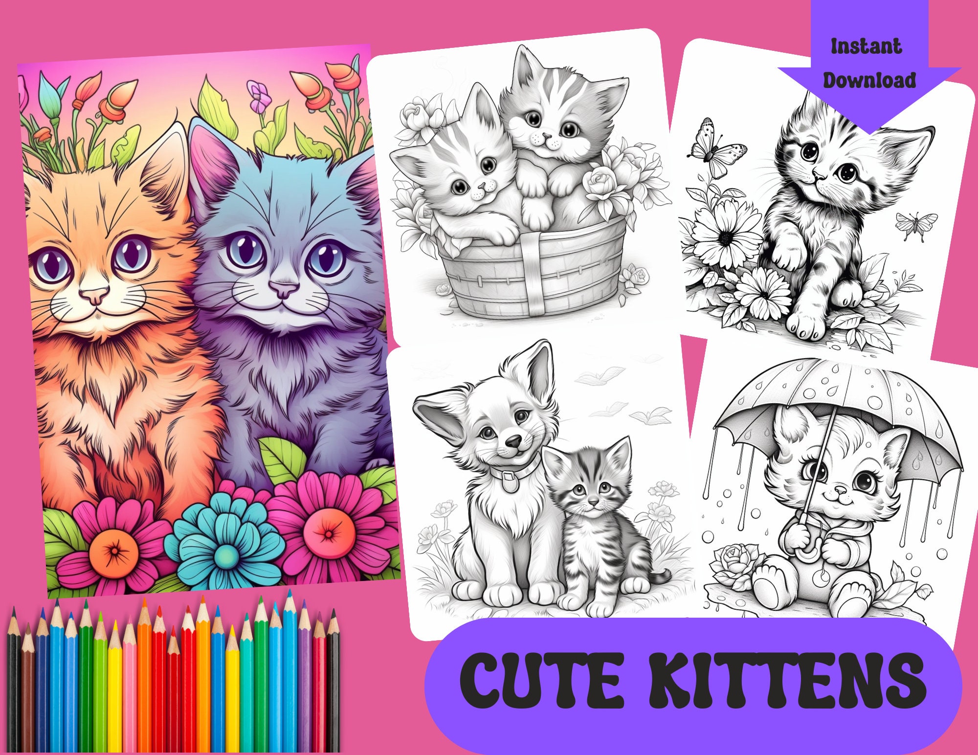 50 Cute Kittens Coloring Pages, Coloring Book, Printables, Stress and ...
