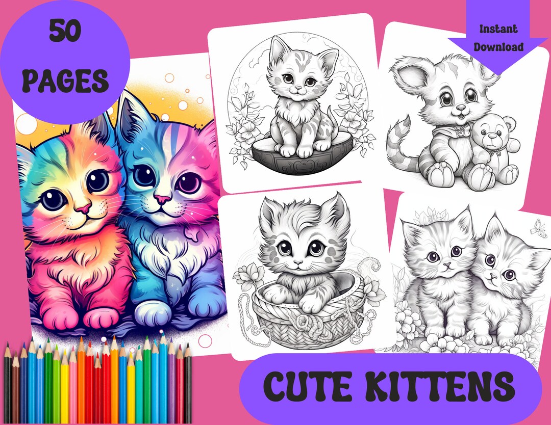 50 Cute Kittens Coloring Pages, Coloring Book, Printables, Stress and ...