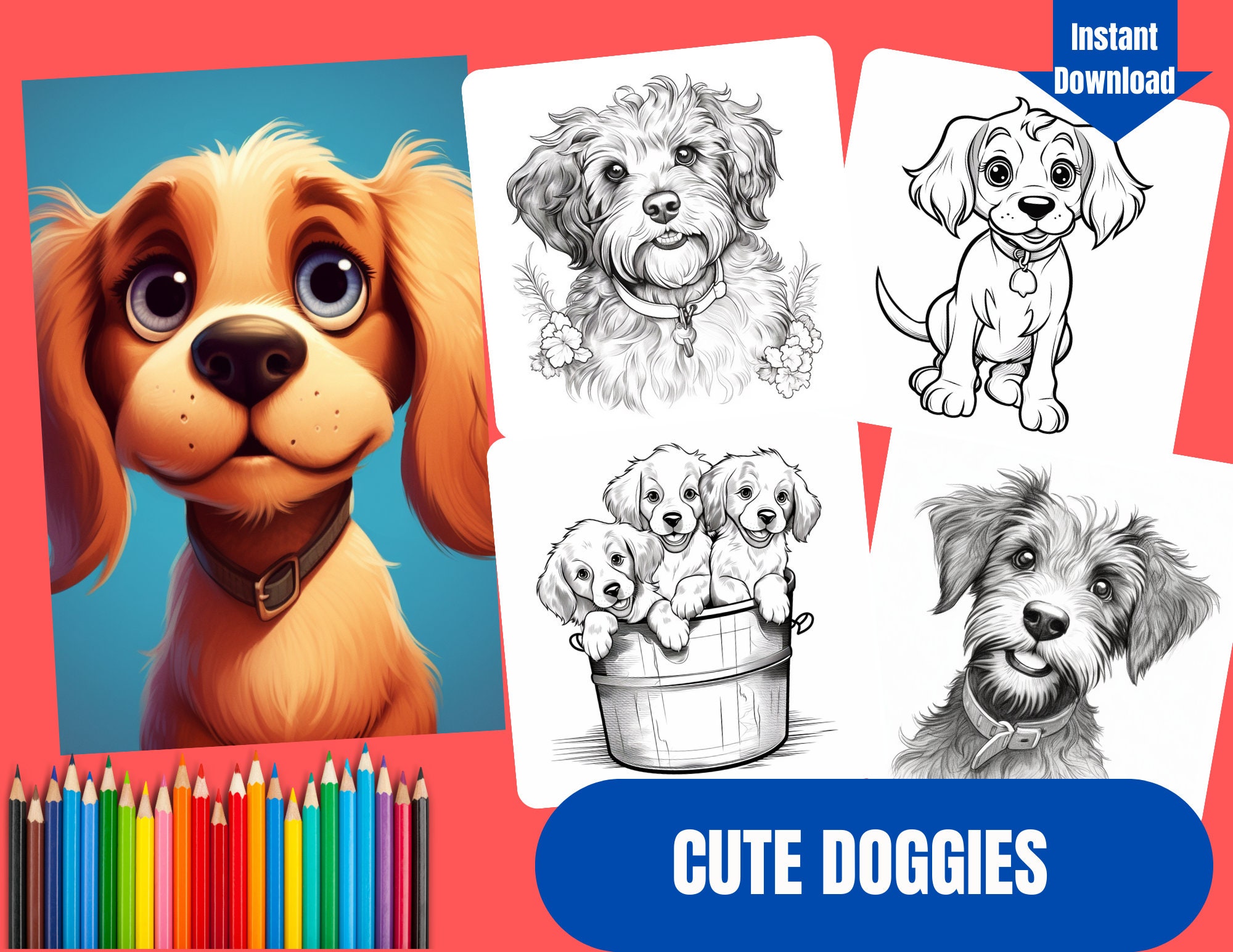 30 Cute Doggies Coloring Pages, Coloring Book, Printables PLUS 3 Bonus ...