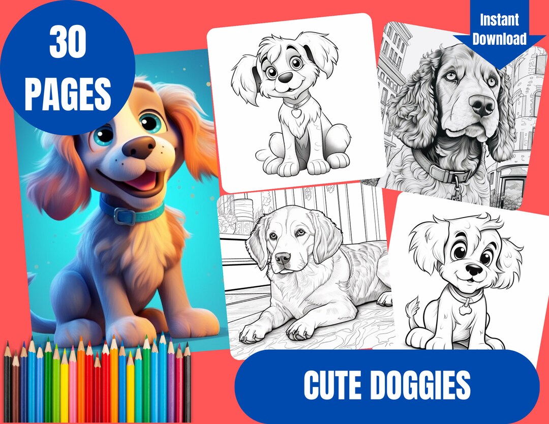 30 Cute Doggies Coloring Pages, Coloring Book, Printables PLUS 3 Bonus
