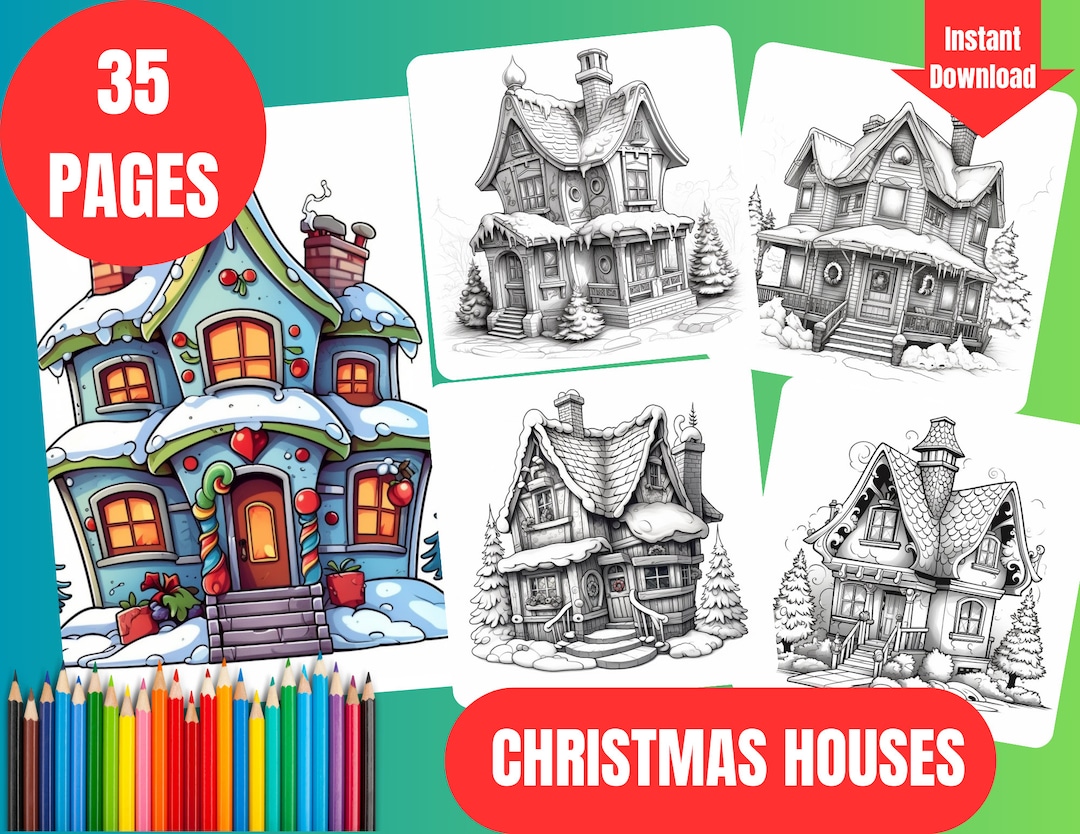 35 Christmas House Coloring Pages, Coloring Book, Instant Download - Etsy