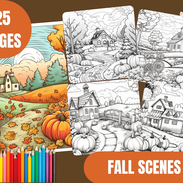 25 Fall Scenes Coloring Pages, Coloring Book, Instant Download