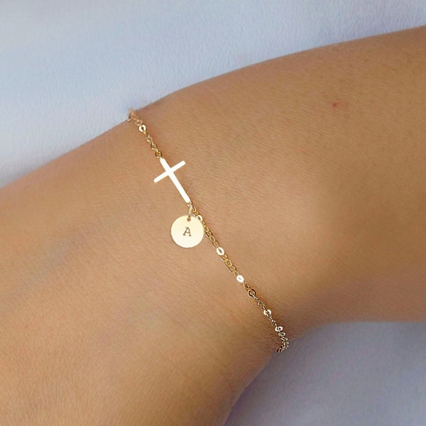 Birthstone Cross Bracelet with Initial - Christmas gifts for her mom sister daughter, Confirmation gift for girl, Birthday gifts, CR04BS