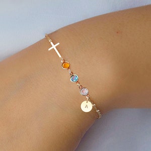 Birthstone Cross Bracelet with Initial - Christmas gifts for her mom sister daughter, Confirmation gift for girl, Birthday gifts, CR04BS