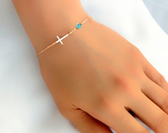 Birthstone Cross Bracelet - Christmas gifts for her mom sister daughter, Confirmation gift for girl, Birthday gifts, CR04BS