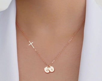 Initial Disc Cross necklace. Holiday gift, Graduation gift for her, Daughter Granddaughter gift, gift for Niece, Confirmation gift for girl
