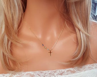 Lovely Personal Gemstone sterling silver cross family Birthstone necklace , Birthday gift, Christmas gift, Confirmation gift for women JONS8