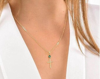 Cross necklace Birthstone - Personalized birthstone necklace, Confirmation gift for girls, Christmas gifts for her mom CR03B
