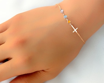 Birthstone Cross Bracelet - Christmas gifts for her mom sister daughter, Confirmation gift for girl, Birthday gifts, CR04BS