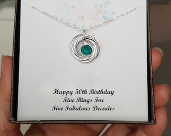 Happy 50th Birthday gift, Elegant 5 rings for 5 fabulous decades personal birthstone necklace, Christmas gift for Sister mother women NE5097