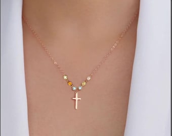 Sterling Silver Cross with Tiny birthstone necklace - Family tree necklace, mother's day gifts for her mom sister wife, gift for grandma
