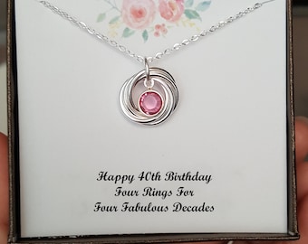 Happy 40th Birthday gift, Elegant 4 rings for 4 fabulous decades personal birthstone necklace, Christmas gift for Sister mother women NE5097