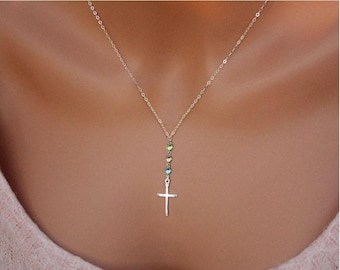 Sterling Silver Cross necklace Birthstone y necklace - Personalized necklace, Confirmation gift for girls, Christmas gifts for her mom CR03B
