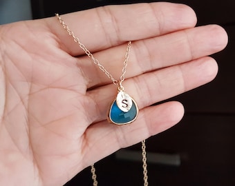 Dainty birthstone, personal initial leaf Necklace. Gold or Silver. Birthday Gift, Mother's Day, Christmas gift for her for Wife, best friend