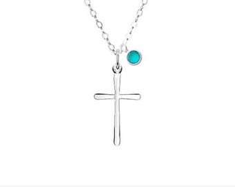 Birthday gift  for Her, Sterling Silver Cross personal birthstone necklace. Confirmation gifts, Christmas gifts for her, mom, daughter CR03B