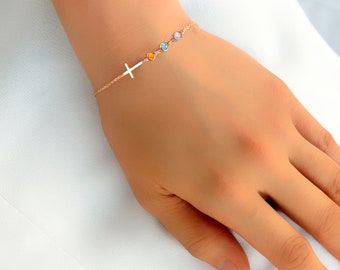 Personalized Birthstone Cross Bracelet: Gift for Mom, Daughter, Sister