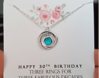 Happy 30th Birthday gift, Elegant 3 rings for 3 decades jewelry, personal birthstone Christmas gift for mom daughter sister best friend