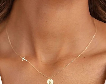 Small cross Personalized initial disc necklace - Birthday gift for her for mom, Confirmation gift for girl, Graduation daughter sister gift