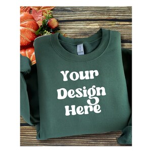 Forest Green Gildan Flat Lay Gildan 18000 mockup, Gildan sweatshirt mockup, crewneck fall woman man mock, model mockup, Gildan mock up