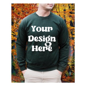 Forest Green Gildan Gildan 18000 mockup, Gildan fall sweatshirt mockup, crewneck fall woman man mock, model mockup, Gildan mock up