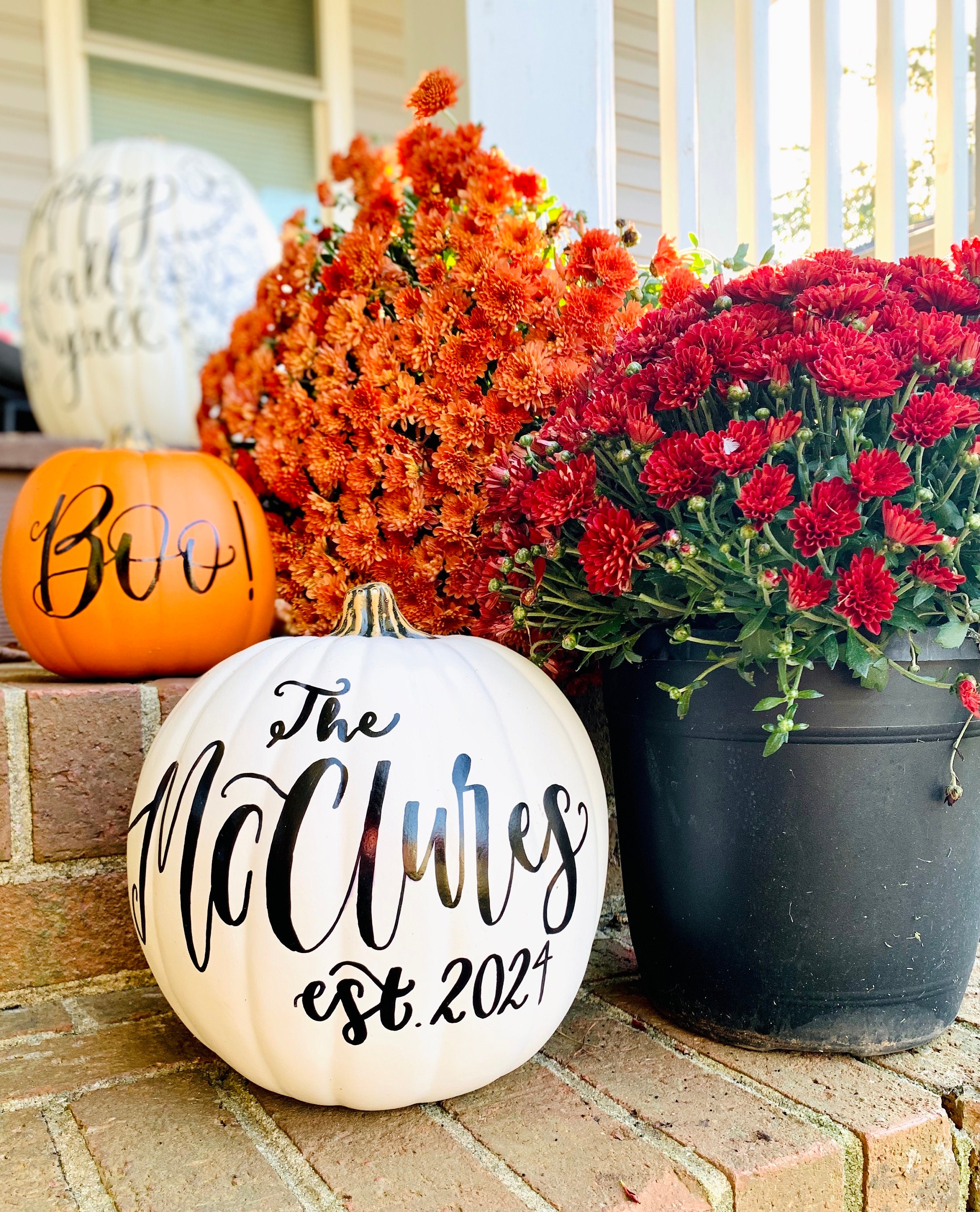 Personalized Fall Pumpkins with Calligraphy Family Names for Weddings, Families, Porches, Home Decor
