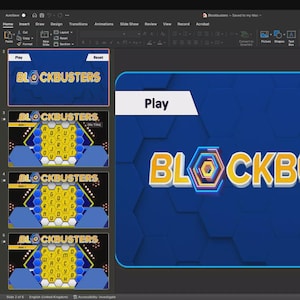 May include: A digital presentation slide for the game "Blockbusters." The title is in yellow and white 3D lettering with a blue and red outline. The background is a dark blue with a honeycomb pattern. Buttons labelled "Play" and "Reset" are visible.