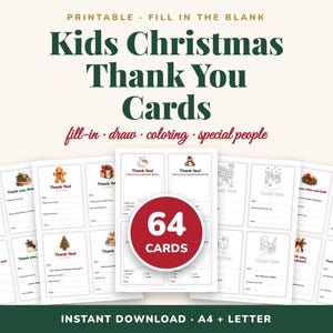 Op de afbeelding: Een set van 64 printbare kerstbedankkaartjes voor kinderen met invulvelden, tekengebieden en kleurplaten. De kaarten bevatten feestelijke illustraties zoals peperkoekmannetjes, kerstbomen en sneeuwpoppen met tekstuele aanwijzingen.