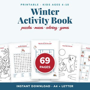 Könnte beinhalten: Ein druckbares Winter-Aktivitätsbuch für Kinder im Alter von 4-10 Jahren mit 69 Seiten voller Rätsel, Labyrinthe, Ausmalbilder und Spiele. Das Cover zeigt den Titel Winter Activity Book mit Seitenbeispielen wie Schneemännern und Eisbären.