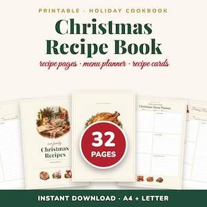 Op de afbeelding: Een printbaar kerstreceptenboek met 32 pagina's, inclusief receptpagina's, een menuplanner en receptenkaarten. Het ontwerp bevat vintage illustraties van feestelijke gerechten met de tekst Christmas Recipe Book en 32 PAGES.