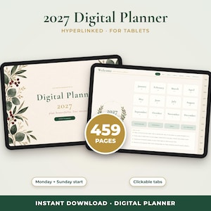 Op de afbeelding: Een digitale planner voor 2027 voor tablets met een crèmekleurige achtergrond en botanische illustraties van eucalyptus en bessen. De interface toont een maandoverzicht, klikbare tabbladen en een ronde badge met 459 pagina's.
