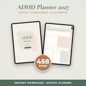 Op de afbeelding: Een digitale ADHD-planner 2027 met 458 pagina's, voorzien van hyperlinks en een rustig ontwerp. Het scherm toont een voorpagina met zachte cirkelvormige accenten en een dagelijkse lay-outpagina met georganiseerde secties voor taken.