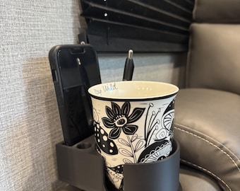 Coffee Mug Cup Holder with Phone & Pen Slot - Coaster Inserts for  Sofa/Loveseat No more awkward tipping coffee cups or cups that don't fit.