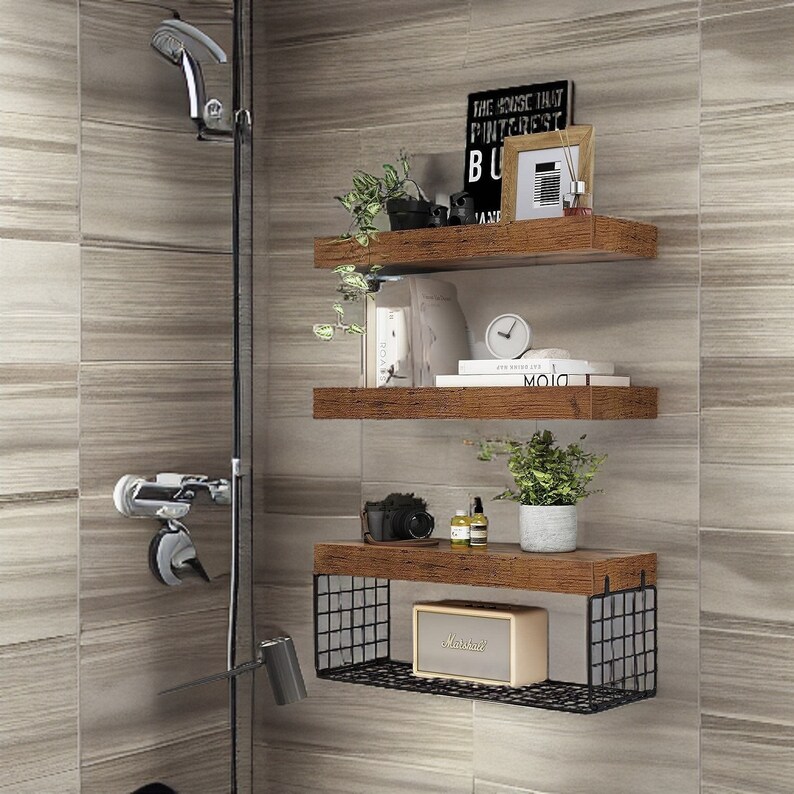 Set of 3 Bathroom Floating Shelves Wooden Bathroom Shelves Etsy