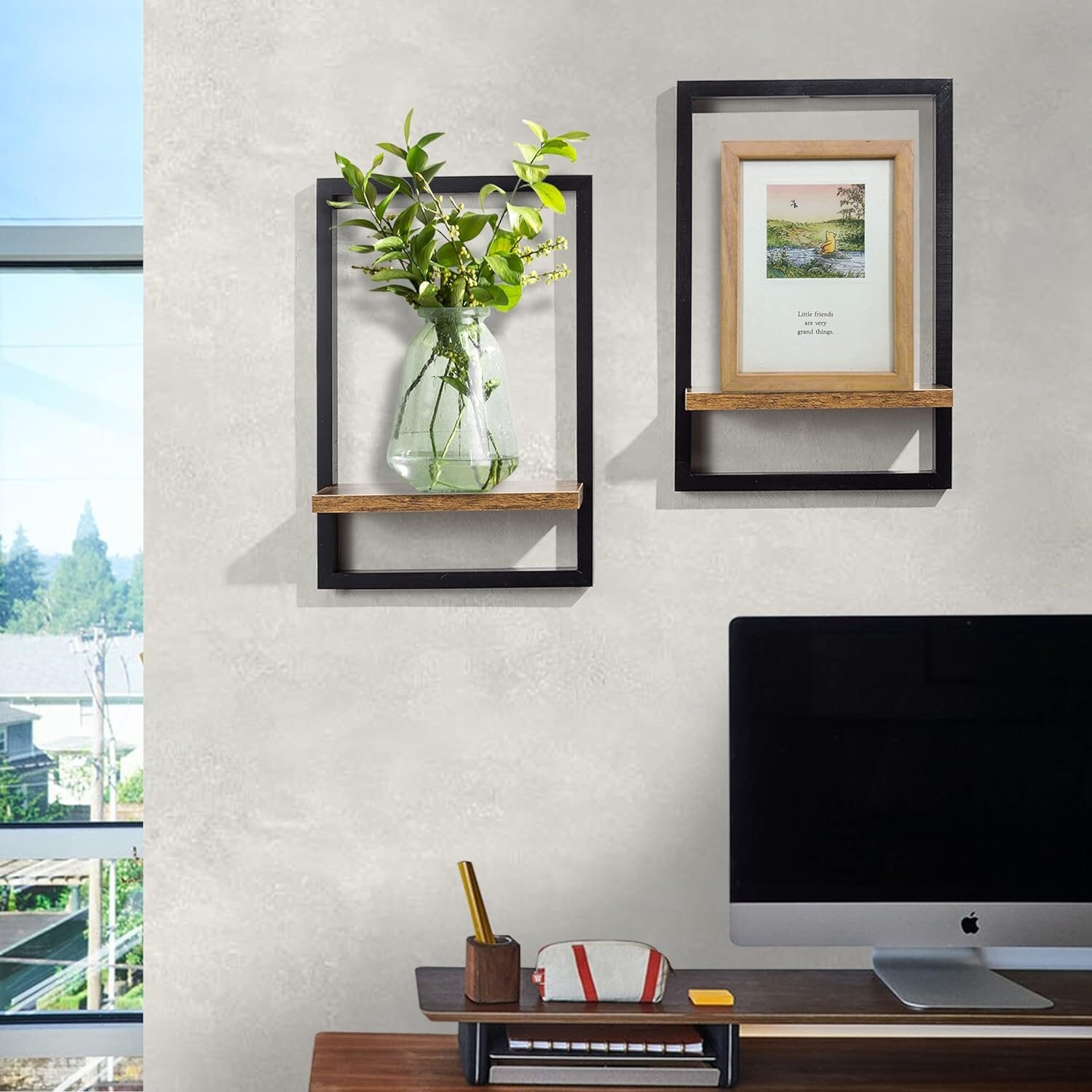 Floating Wall Shelves Wood Frame Set of 2 Rustic Shelves Wood Wall Rack Kitchen Storage Shelves