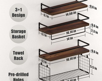 Set of 3 Bathroom Shelves | Wooden Floating Shelves With Storage Basket | Kitchen Shelves | Toilet Paper Holder