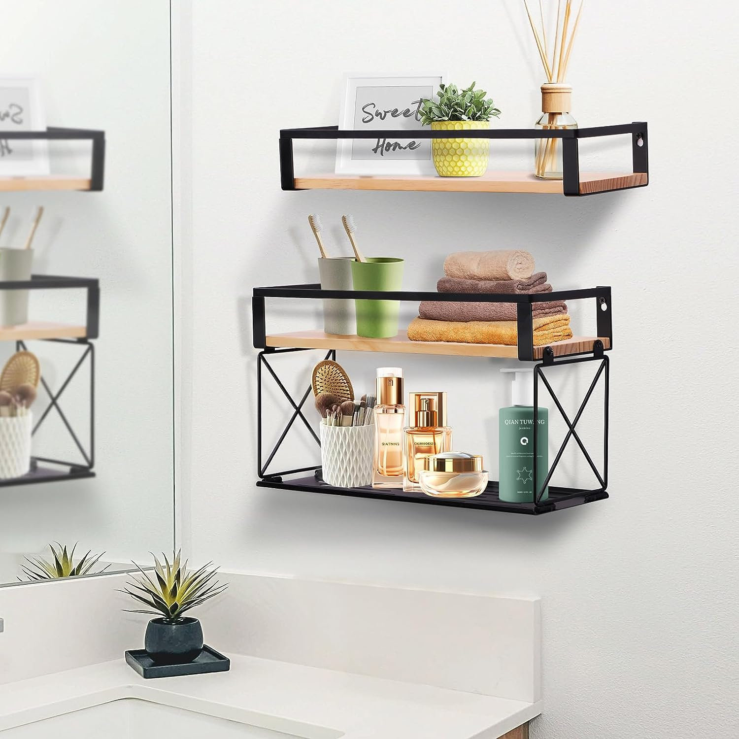 Set of 3 Floating Shelves With Storage Basket Bathroom Organizer Over
