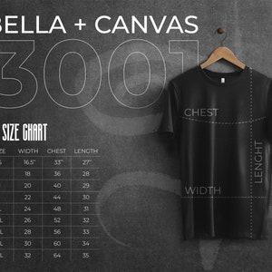 Pu&ograve; includere: Una tabella di taglie per le t-shirt Bella + Canvas 3001. La tabella mostra la taglia, la larghezza in pollici, il petto in pollici e la lunghezza in pollici. La tabella include le taglie XS a 5XL.