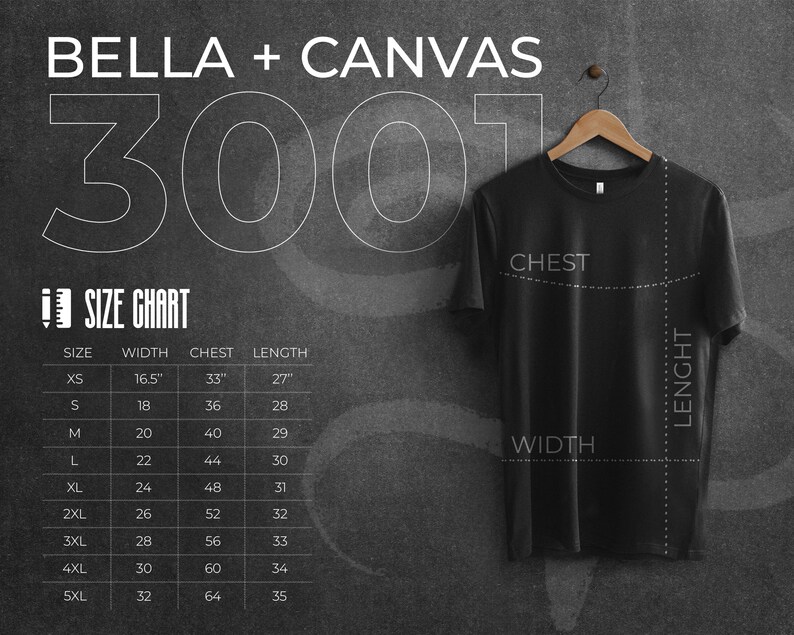 Pu&ograve; includere: Una tabella di taglie per le t-shirt Bella + Canvas 3001. La tabella mostra la taglia, la larghezza in pollici, il petto in pollici e la lunghezza in pollici. La tabella include le taglie XS a 5XL.