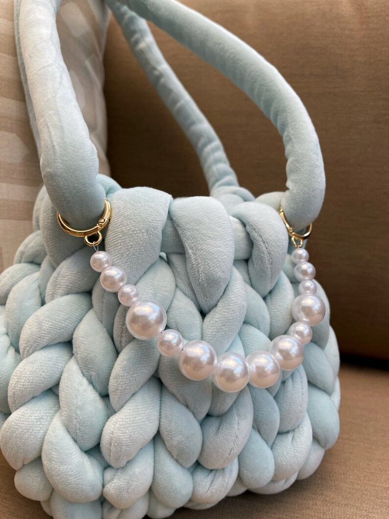 Handmade Chunky Knit Shoulder Bag With Pearls Mandu Purse Etsy