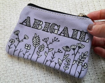 Personalised Hand Drawn Coin Purse, Girls Purse, Birthday Gift, Purple purse, Childrens Purse