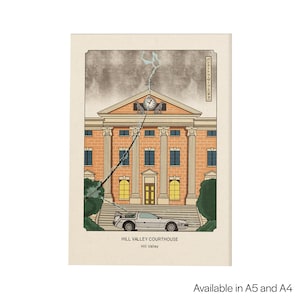 May include: Illustration of the Hill Valley Courthouse with a DeLorean car and lightning bolt. The courthouse is orange with columns and a clock. Text at the bottom reads "HILL VALLEY COURTHOUSE" and "Hill Valley".