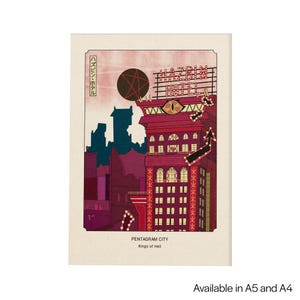 May include: Illustration of a cityscape with a red building featuring the text "HAZBIN HOTEL" and a pentagram. The artwork includes the text "PENTAGRAM CITY Rings of Hell" and Japanese text. The background is a mix of purple and blue.