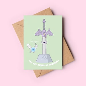 May include: A green card with a cartoon illustration of a sword with wings and a fairy. The sword is on a pedestal with a triangle symbol. The text on the card reads "hey listen you are sword of incredible".