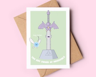 Legend of Zelda inspired greeting card, Master Sword, Nintendo, Fairy, Navi, Sword of Incredible