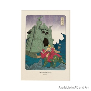 May include: Illustration of Castle Grayskull from the Masters of the Universe series. The artwork features a muscular blond character riding a large red and green beast, with the castle in the background. The text "Castle Grayskull" and "Eternia" are at the bottom.